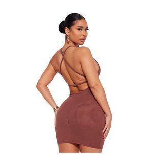 Mini Mocha Bodycon Spaghetti Strap Cross Back Ribbed Dress